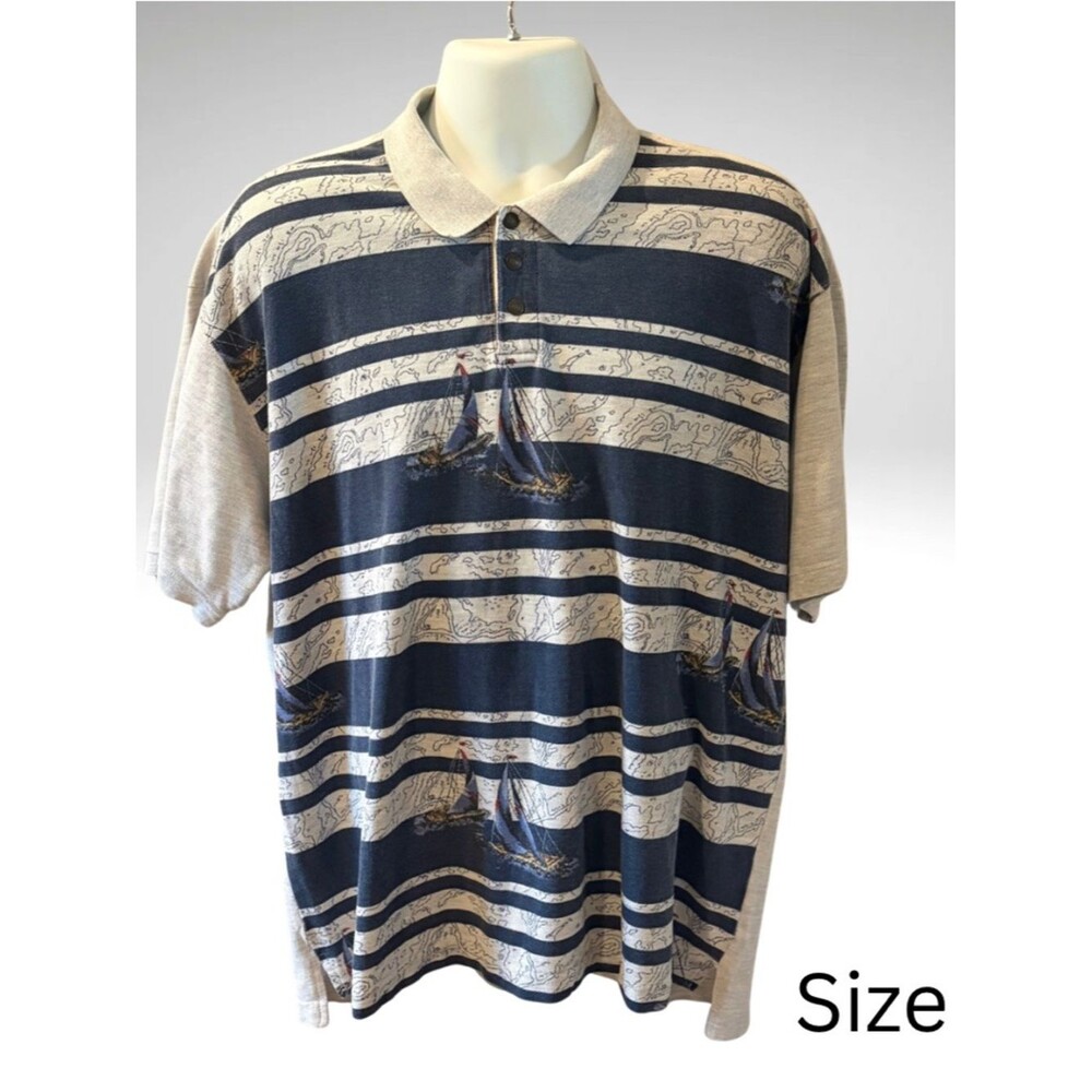Regatta Men’s Polo Shirt – Gray/Blue Sailboat Stripe – Size XL